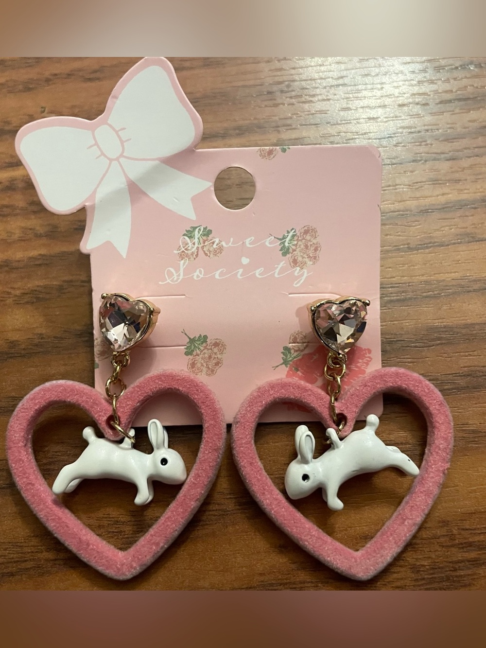Sweet Society Pink Heart & White Bunny Drop Earrings New